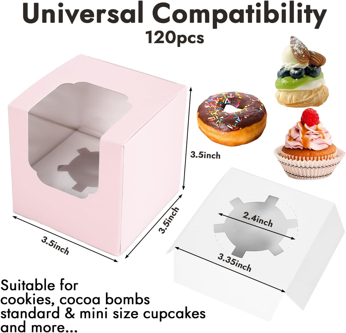 JCD 120 Pcs Individual Pink Cupcake Box with Insert, Cupcake Boxes Auto-pop up Individual Cupcake