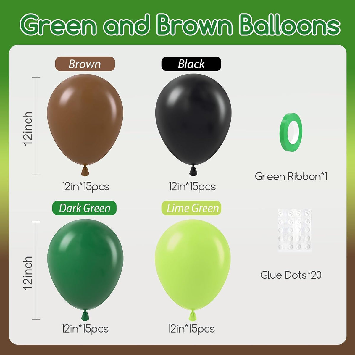 60pcs Green and Brown Balloons 12inch with Brown Black Dark Lime Green Balloons for Jungle Video
