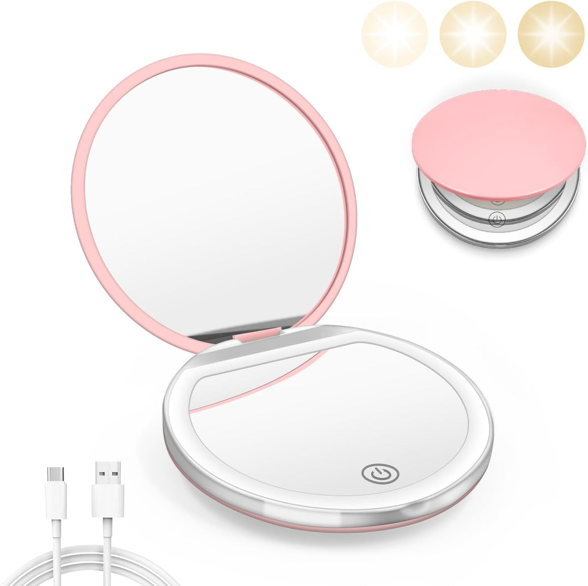 Compact Mirror with Light, 1X/3X Magnification LED Pocket Mirror with USB Data Cable,Mini Mirror