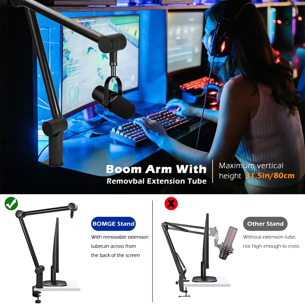 BOMGE Boom Arm Mic Stand - Adjustable Heavy Duty Suspension Boom Scissor Arm Stand with Cable