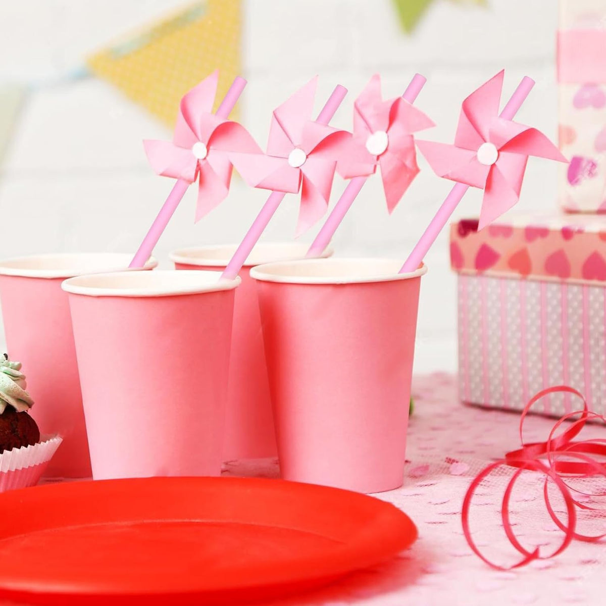 Solid Pink Disposable Paper Drinking Straws 7.75 inch 100 Counts - for Party, Cocktails, Cake Pops