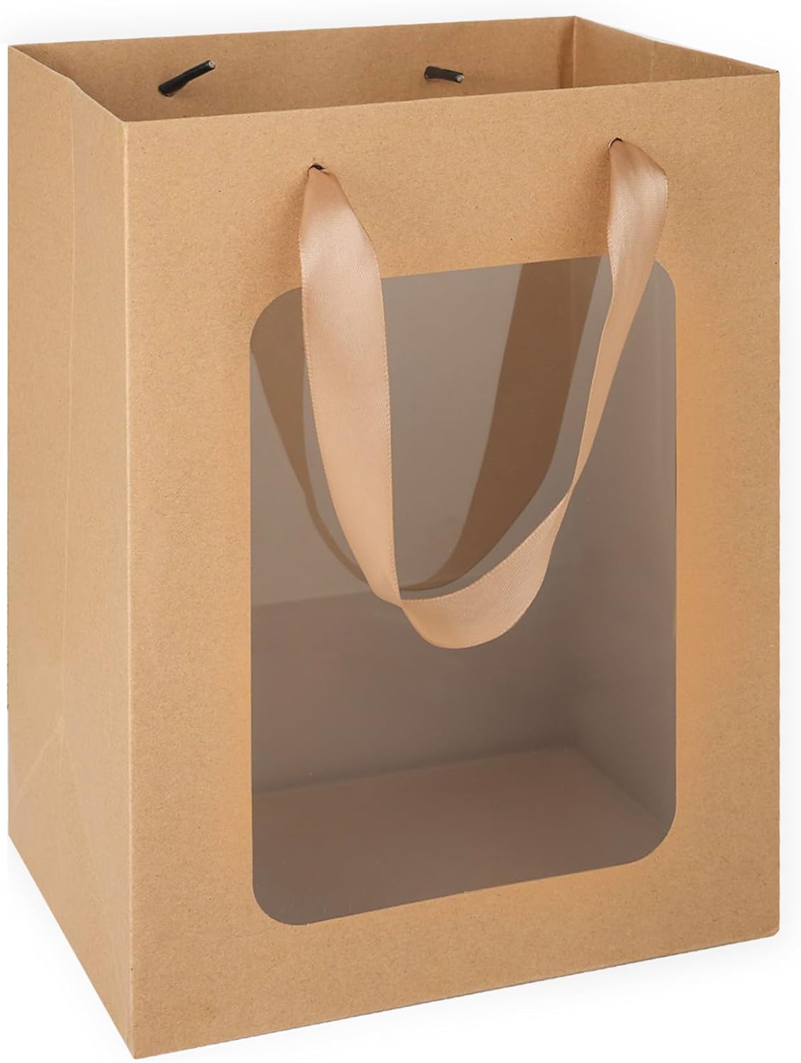 MOXARYSU 3 Pcs Brown Gift Bags with Clear Window: 9.8x5.1x7.1 Inch Medium Kraft Paper Bags with