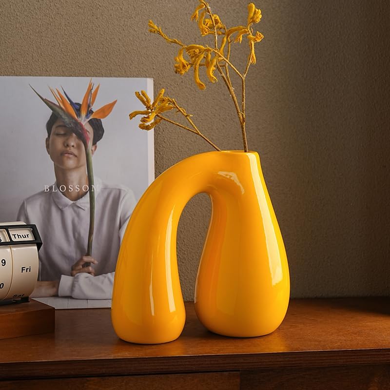Yellow Ceramic Vase – Glossy Modern Sculptural Décor, Arch Handle Artistic Design, Bright Accent