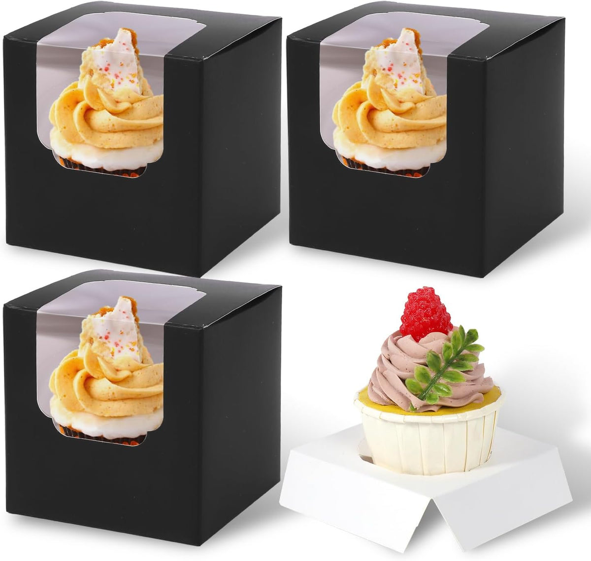 JCD 120 Boxes+120 Inserts Black Cupcake Boxes Individual Cupcake Container 3.5" x 3.5" x 3.5"