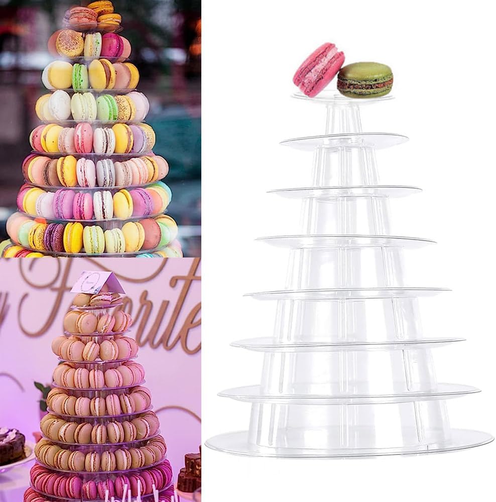 Macaron Tower Stand for Wedding Birthday Party, 4" - 13" Transparent Plastic Round Macaron Tower