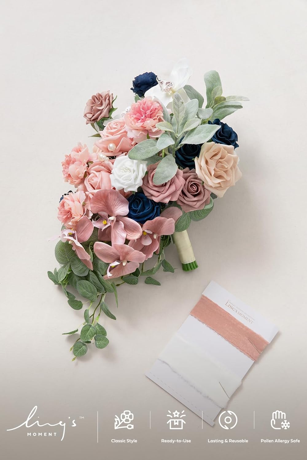 Ling's moment Dusty Rose Navy Blue Bridal Bouquet Cascading, Pink and Blue Wedding Bouquets for