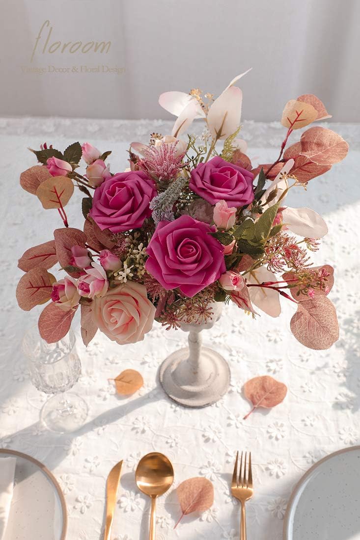 Floroom Artificial Flowers 50pcs Real Looking Hot Pink Foam Fake Roses with Stems for DIY Wedding