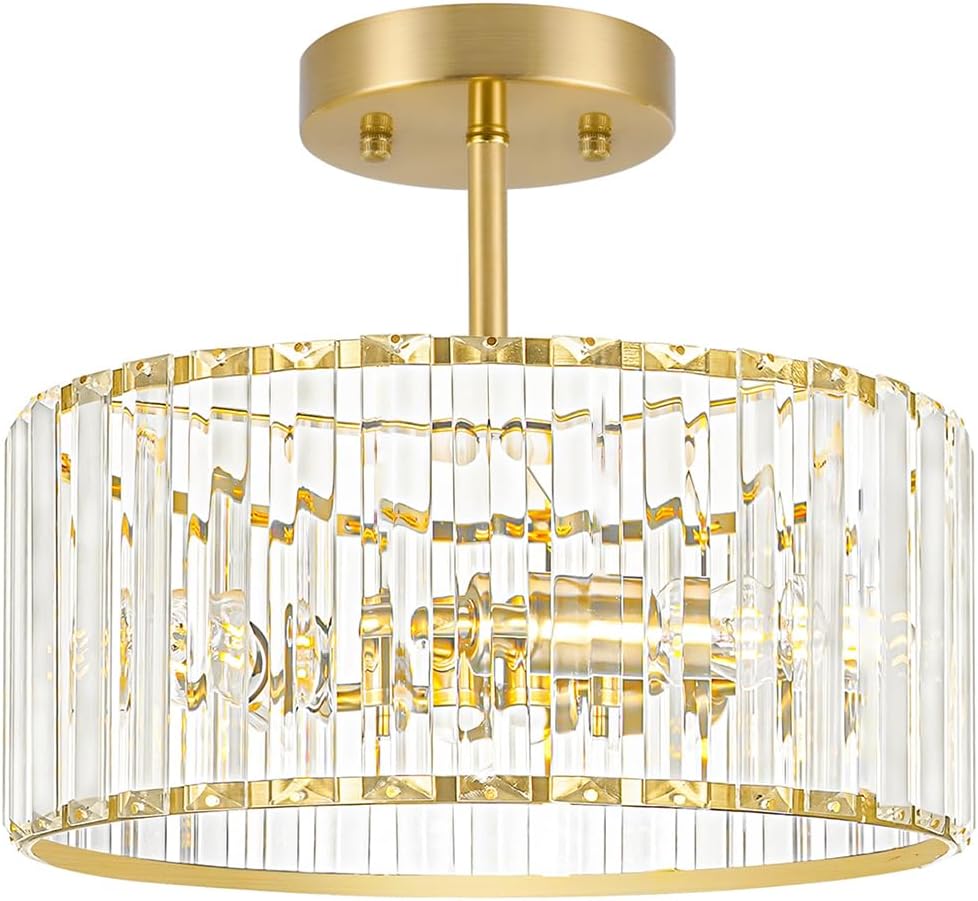 Modern Crystal Ceiling Light, Brushed Gold Semi Flush Mount Ceiling Lighting Fixture, Brass Hallway