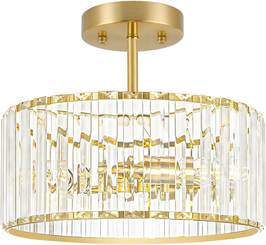 Modern Crystal Ceiling Light, Brushed Gold Semi Flush Mount Ceiling Lighting Fixture, Brass Hallway