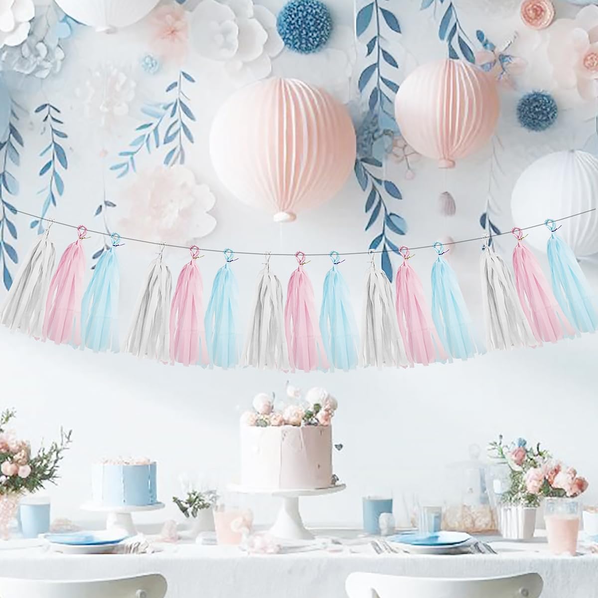 Gender Reveal Decorations Blue Pink - 15pcs Tissue Paper Tassel Garland Baby Gender Reveal Party