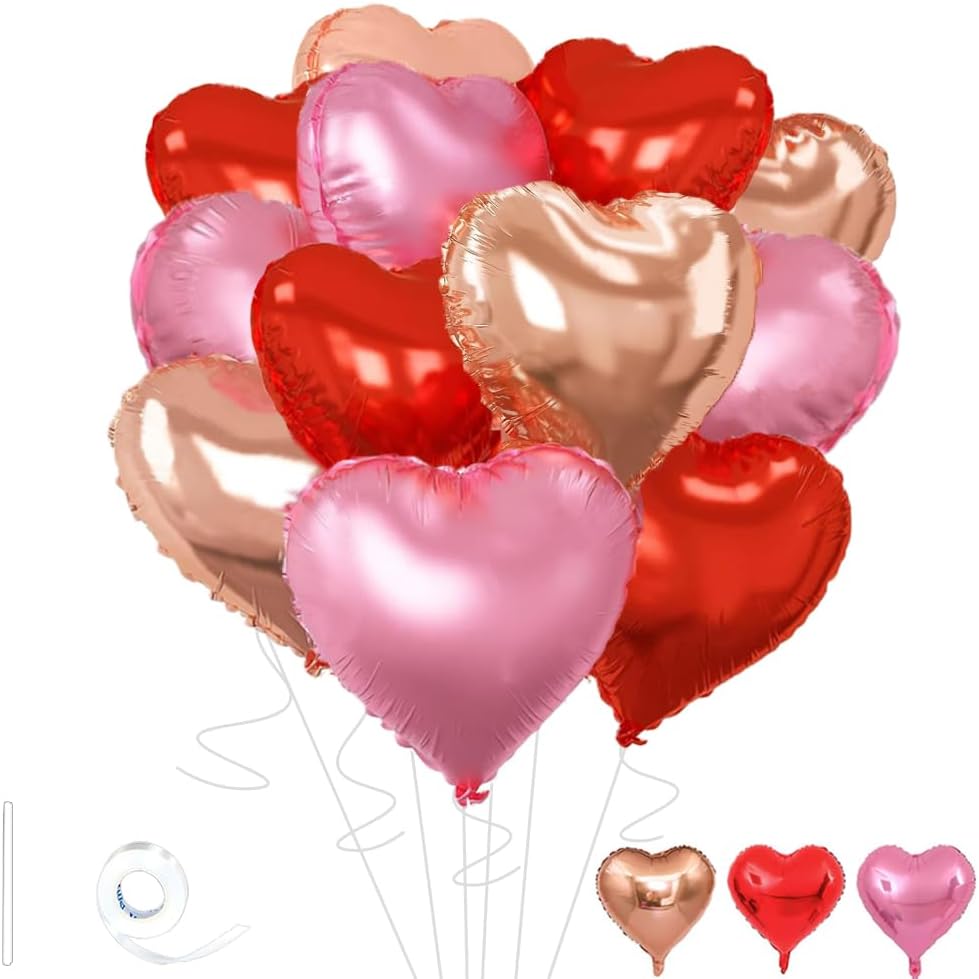 Rose Gold & Red Heart Balloons，18 Inch Light Pink Foil Love Heart Shaped Balloons for Anniversary