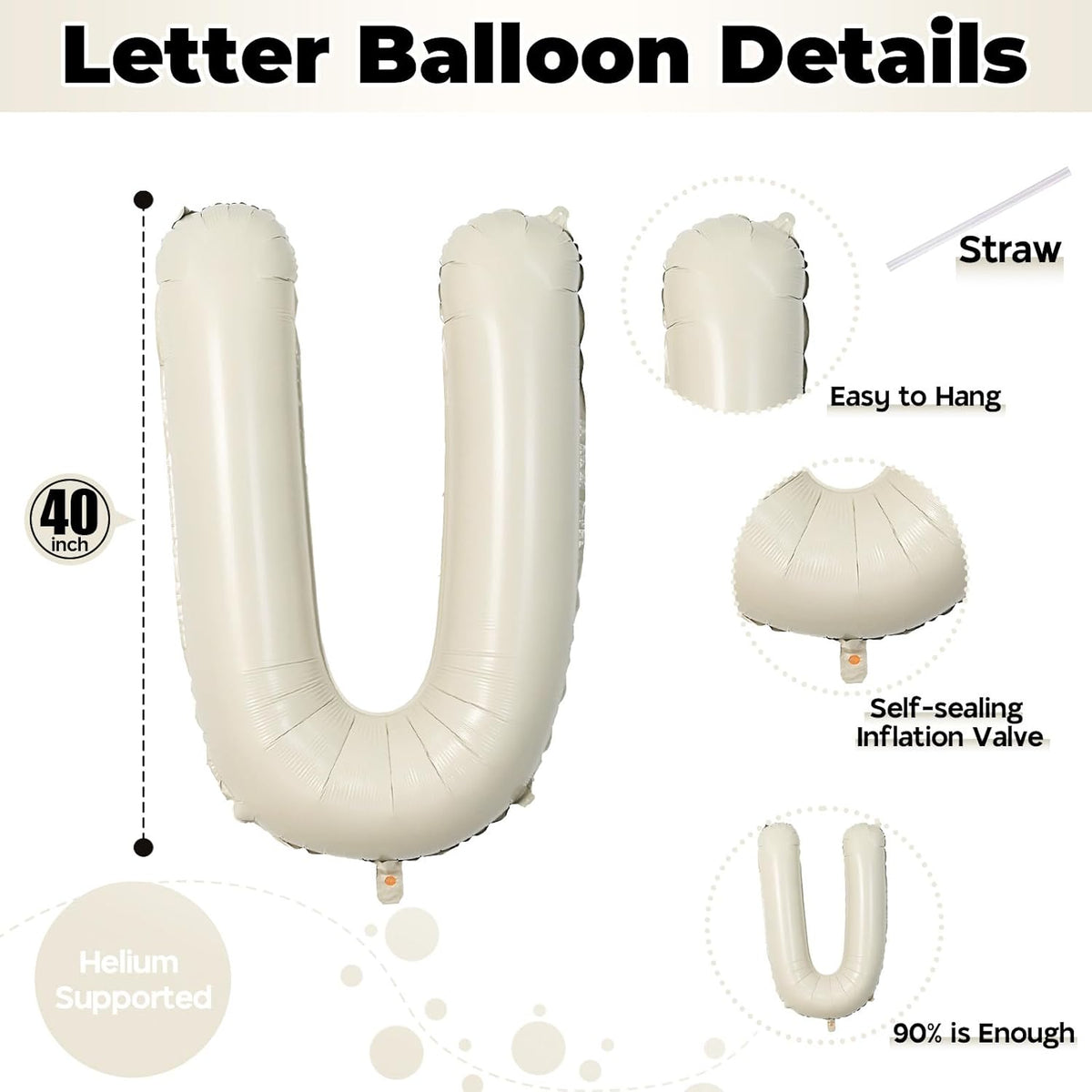 Big Letters Balloon U, 40 Inch Cream White Sand Helium Mylar Alphabet for Customizing Name, Self