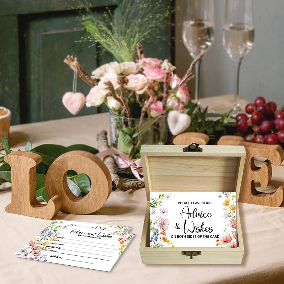50Pcs Flower Wedding Advice Cards for Bridal Shower Games, Wildflower Advice and Wish Cards Box for