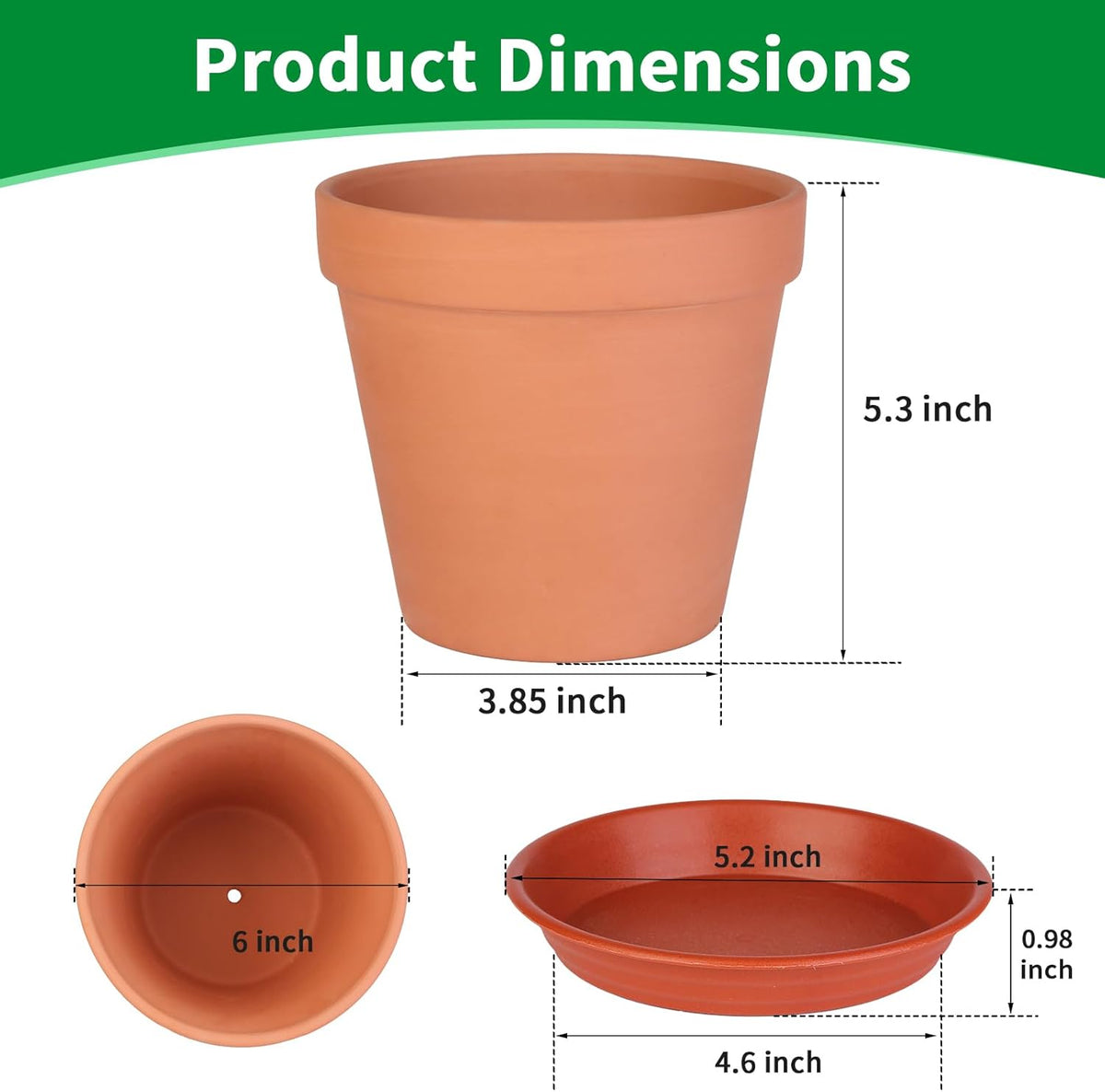 6 Pack 6 Inch Terracotta & Clay Pots with Saucer for Plants, Large Terra Cotta Plant Pot with