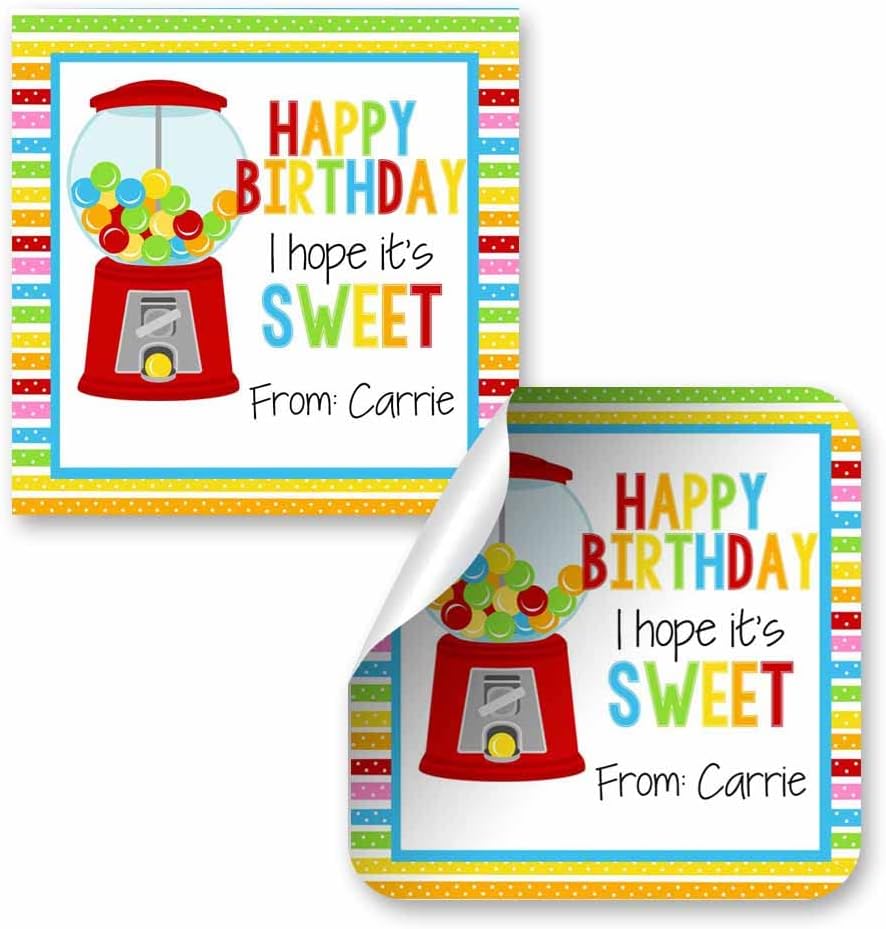 Custom & Personalized Sweet Gumball Happy Birthday Gift Tag Sticker Labels, 24 2.5" Square Stickers