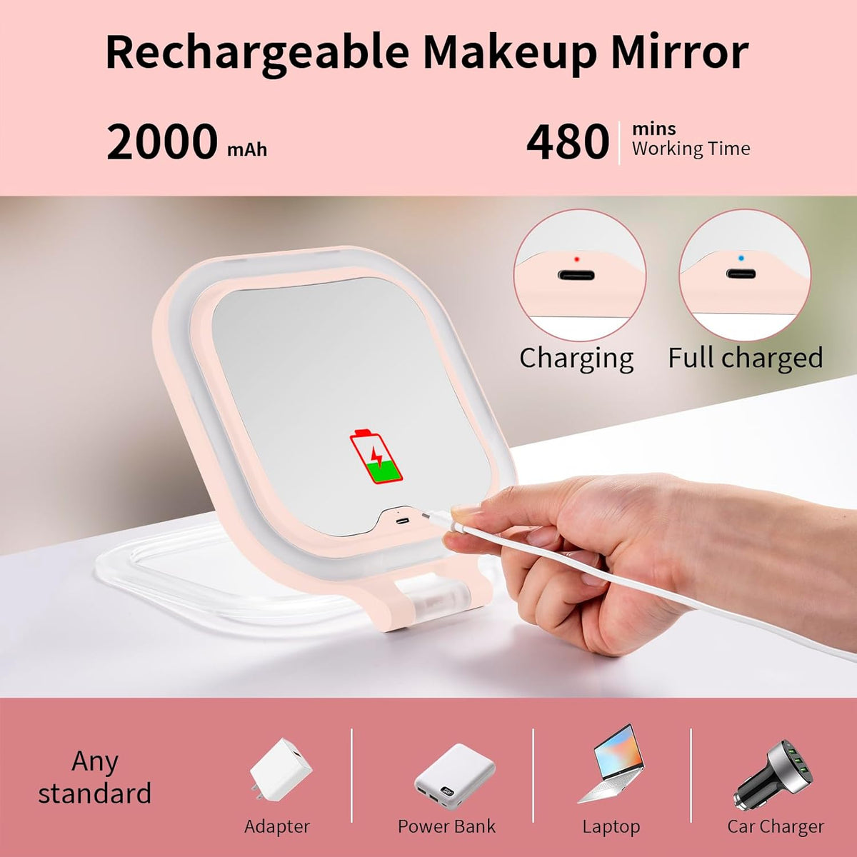 DESCHEN Rechargeable Travel Makeup Vanity Mirror with Lights and Magnification, Portable 1X/10X