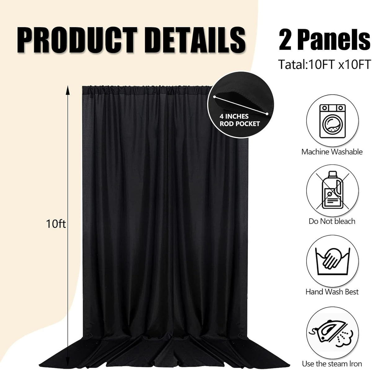 10ft x 10ft Black Backdrop Curtains for Parties, Fabric Satin Background Curtain with Rod Pockets