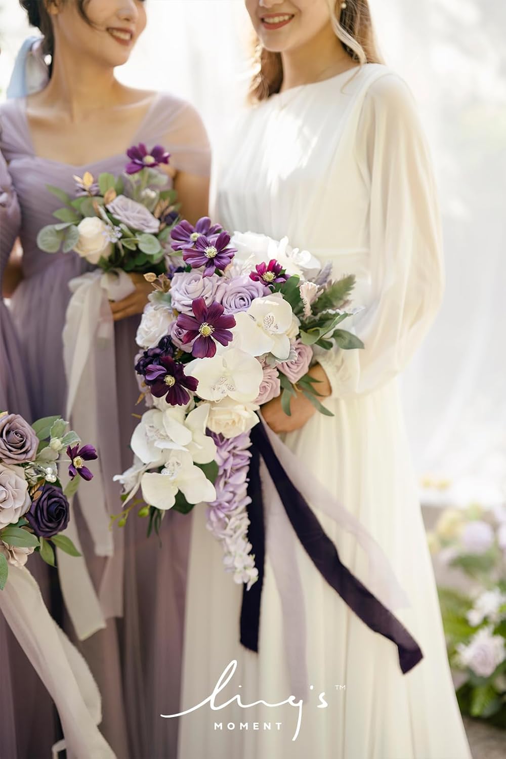 Ling's Moment Purple Bridal Bouquet Cascading, Lilac Wedding Bouquets for Bride, 13 Inch Lavender