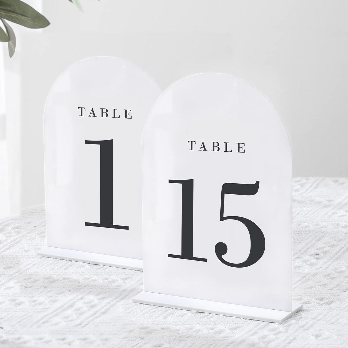 UNIQOOO White Arch Wedding Table Numbers with Stands 1-15, 5x7" Acrylic Signs and Holders, Perfect