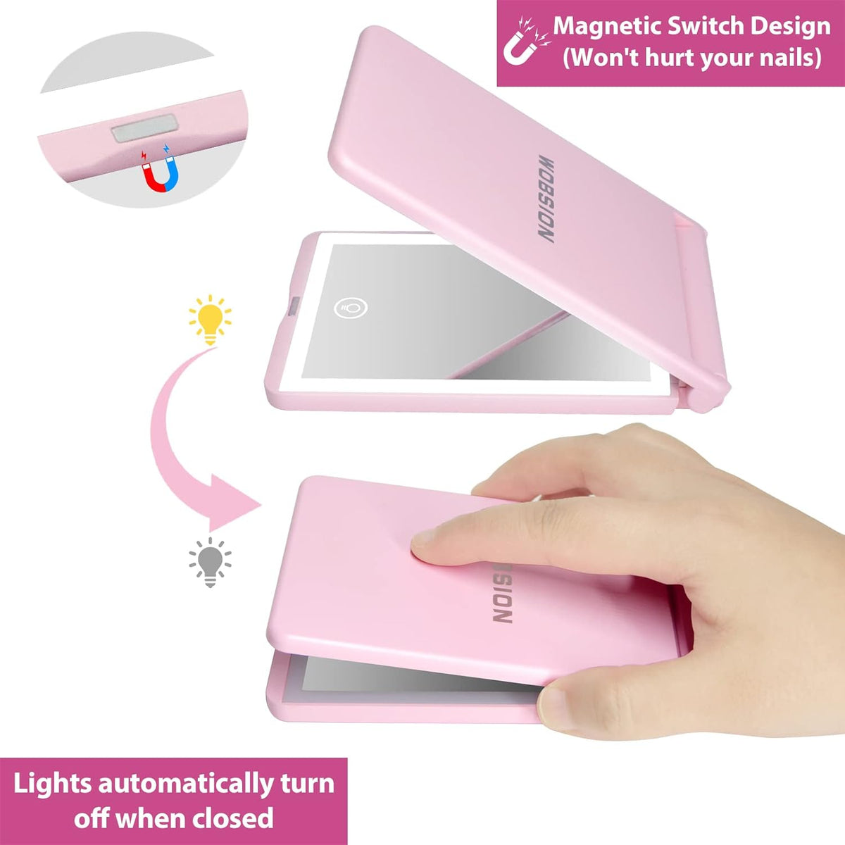 WOBSION Lighted Compact Mirror, Rechargeable Travel Makeup Mirror with Light,1x/3x