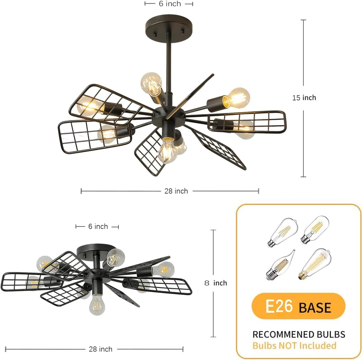 Modern Farmhouse Chandelier,28 Inch Black Metal Geometry Rustic Vintage Semi Flush Mounted Ceiling