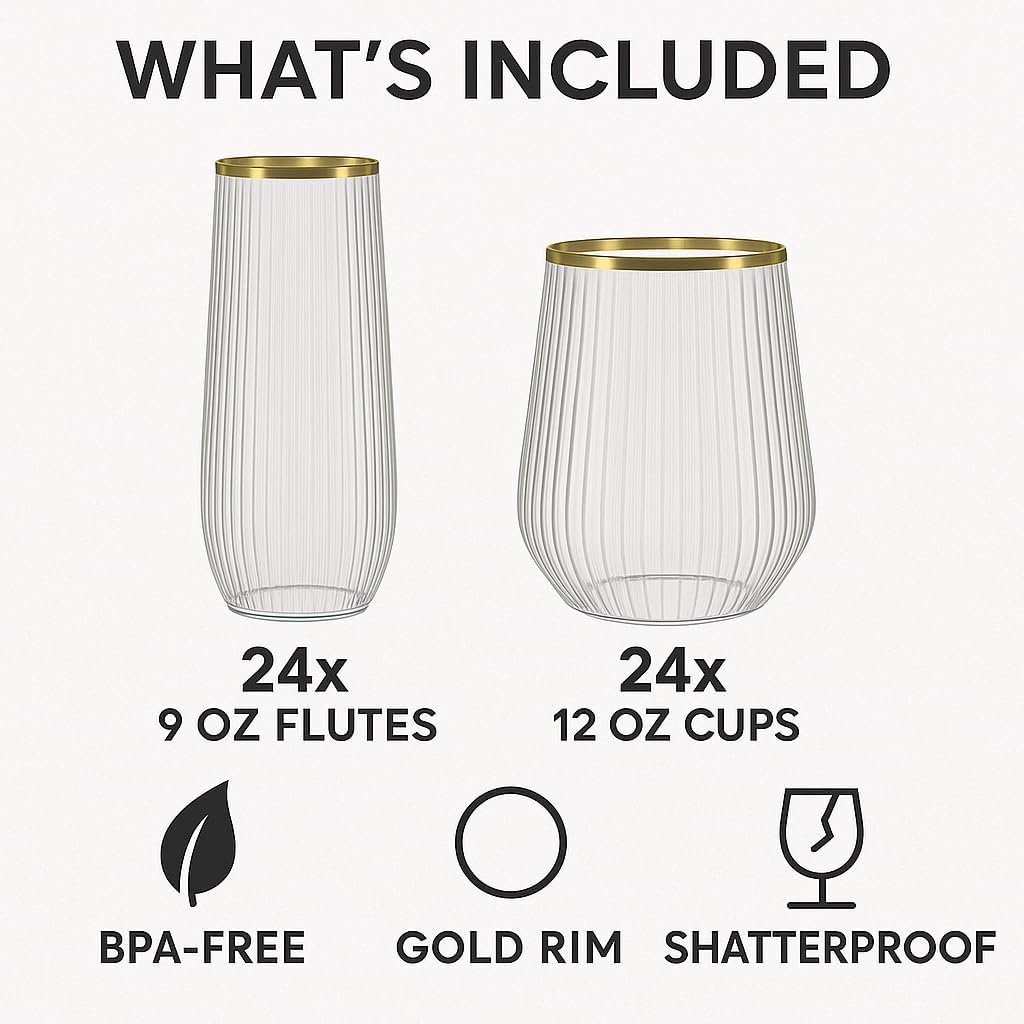 48 Pack Ribbed Origami Ripple Plastic Glasses, 24 9 Ounce Stemless Champagne Flutes & 24 12 Ounce