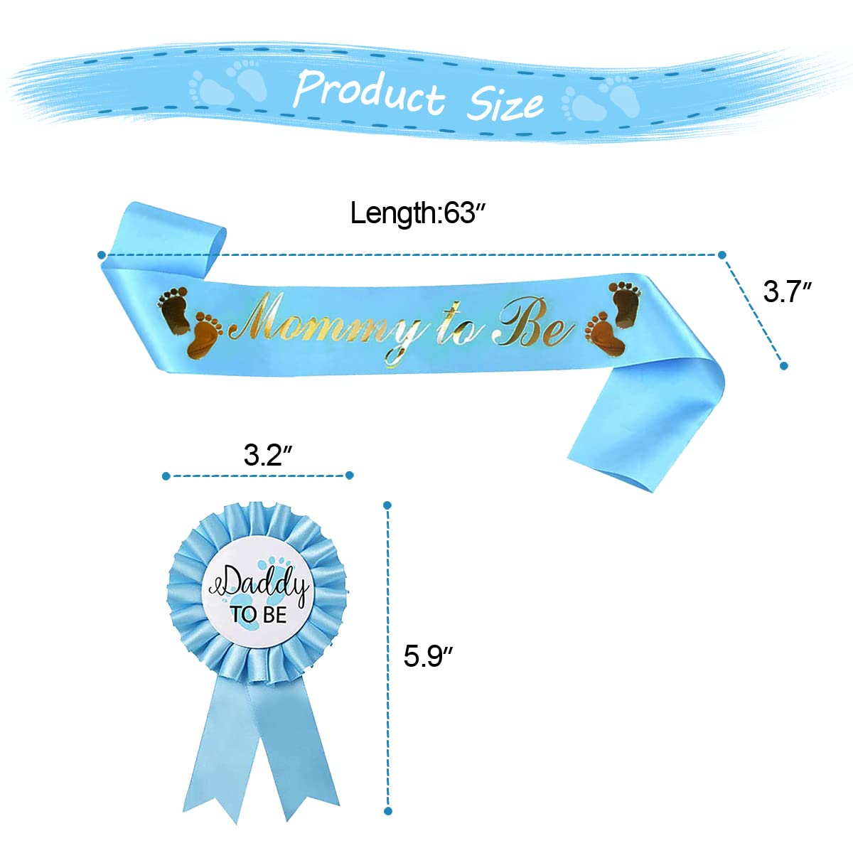 HUKONHEP 2 Packs Blue Baby Shower Sash, Mommy to Be Sash and Daddy to Be Badge, Baby Shower