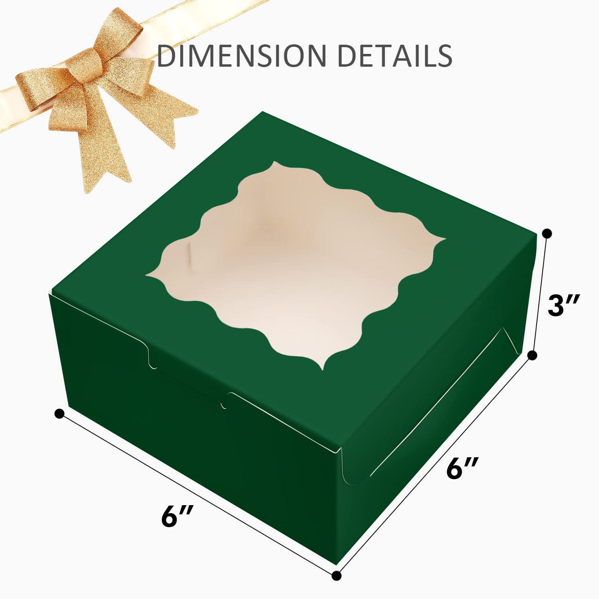 Bakepacker 60pcs Deep Green Bakery Boxes with Window 6x6x3 inches Thick & Sturdy Macaroon Pastry