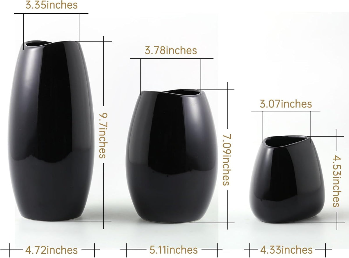 hjn Ceramic Vase Set of 3 Black Flower Vase for Home Decor, Modern Decorative Vase for