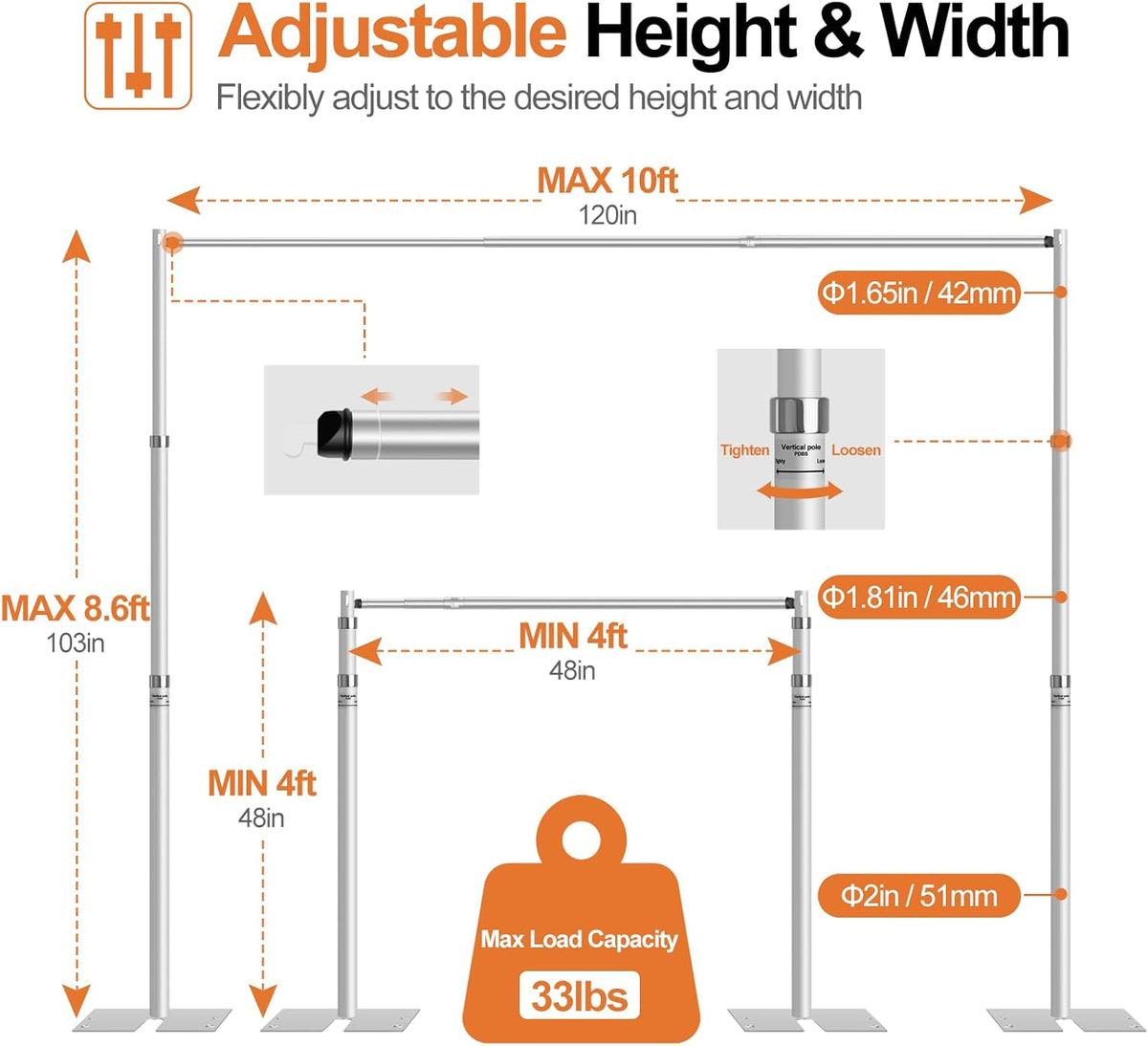 FUDESY Pipe and Drape Backdrop Stand Kit, 8.6x10ft Heavy Duty Backdrop Stand Adjustable Background