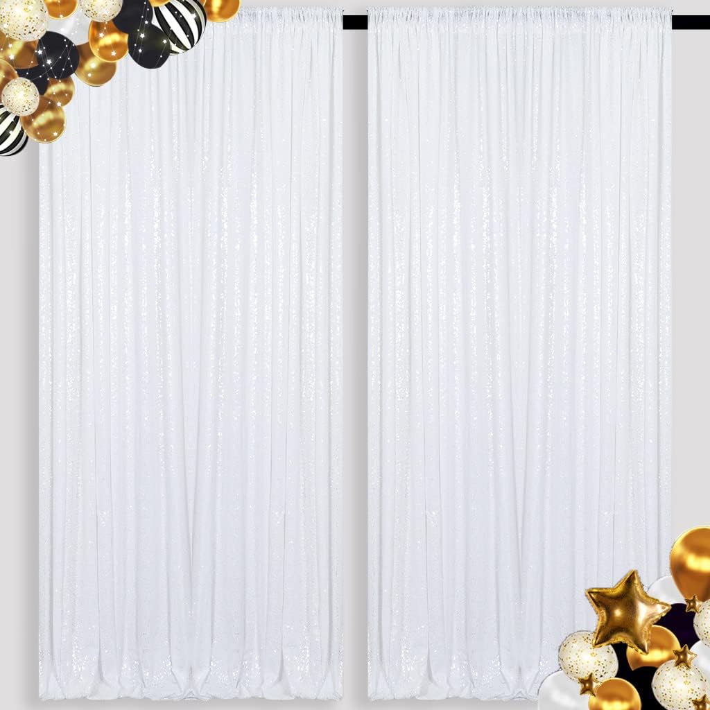 ShinyBeauty 2 Panels White Sequin Backdrop Curtain | 5Ft x 10Ft Glitter Wedding & Photography
