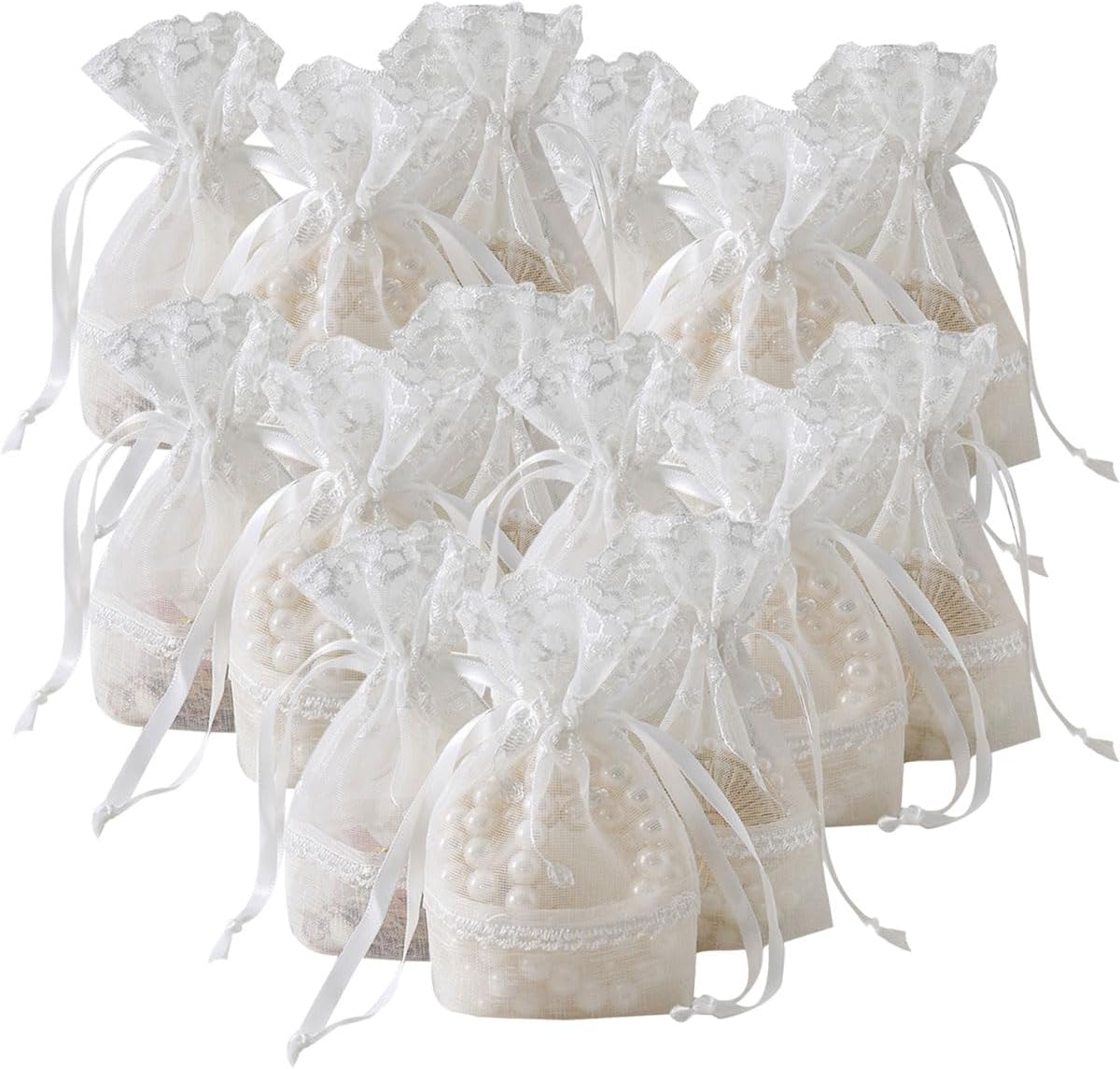 Ewanda store 20Pcs Lace Organza Drawstring Bags Five Petal Flower White Lace Bag for Wedding