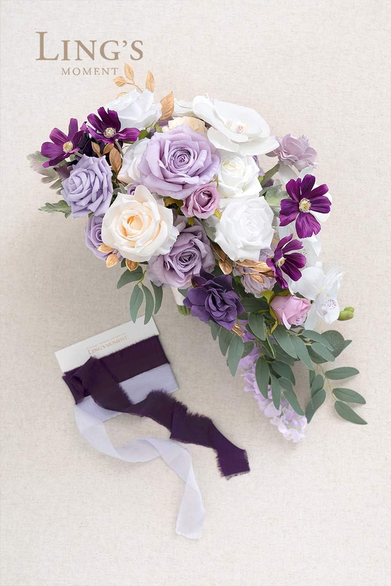 Ling's Moment Purple Bridal Bouquet Cascading, Lilac Wedding Bouquets for Bride, 13 Inch Lavender
