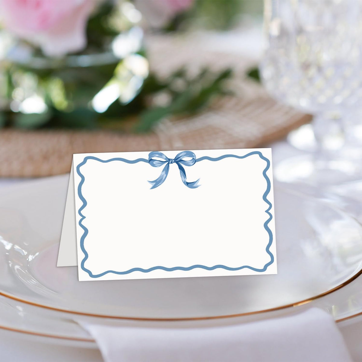 25 Pcs Blue Bow Place Cards, Blank Tent Name Cards for Food Buffet, Dinner Party, Wedding