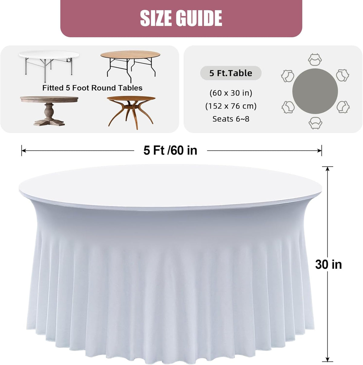 4 pk White Round Spandex Tablecloth for 60in Tables, Wrinkle Free Stretchy 120inch Fitted 5FT Table