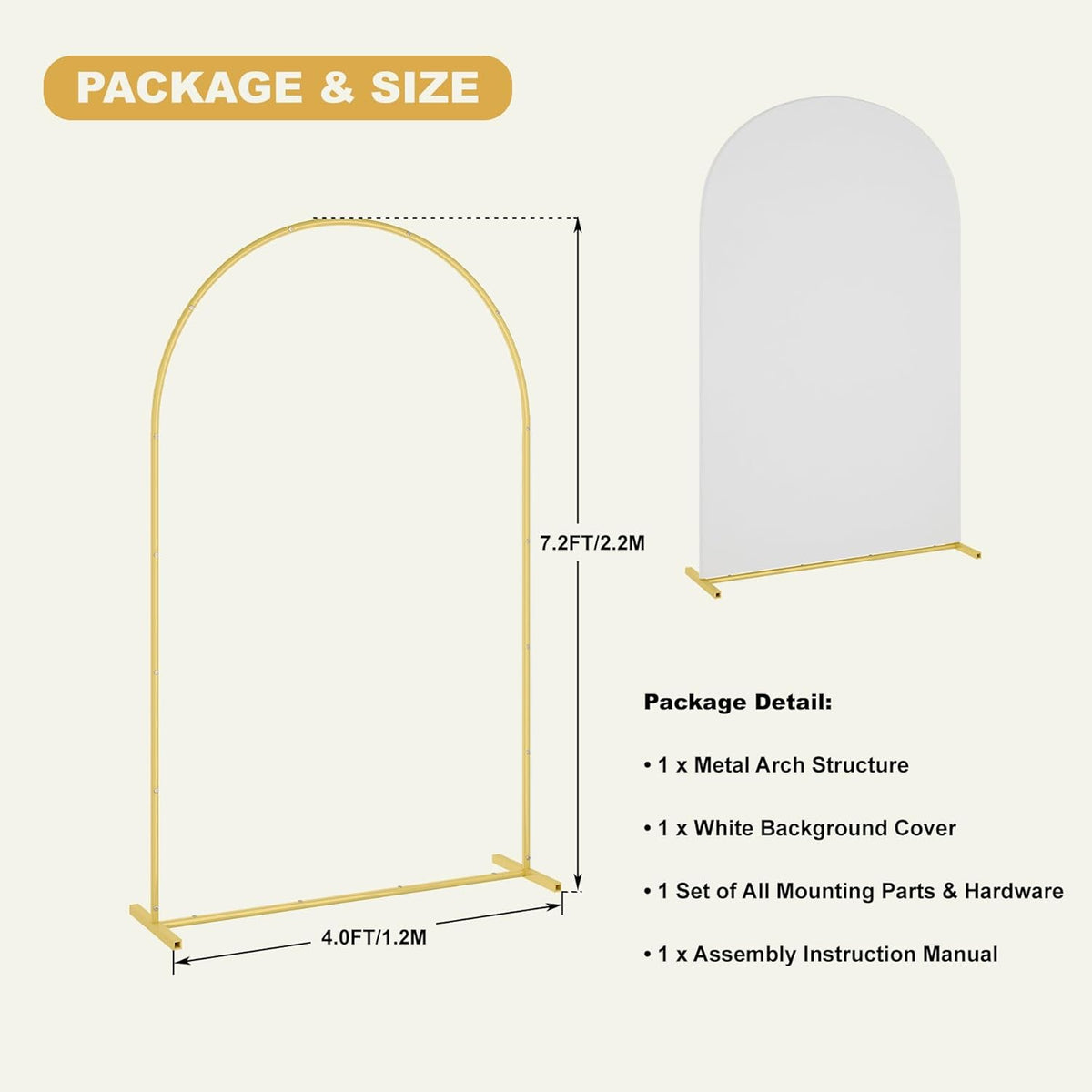 UDEAR 7.2FT Metal Arch Stand with White Cover, Arc Design with Fitted Cover, for Weddings, Parties
