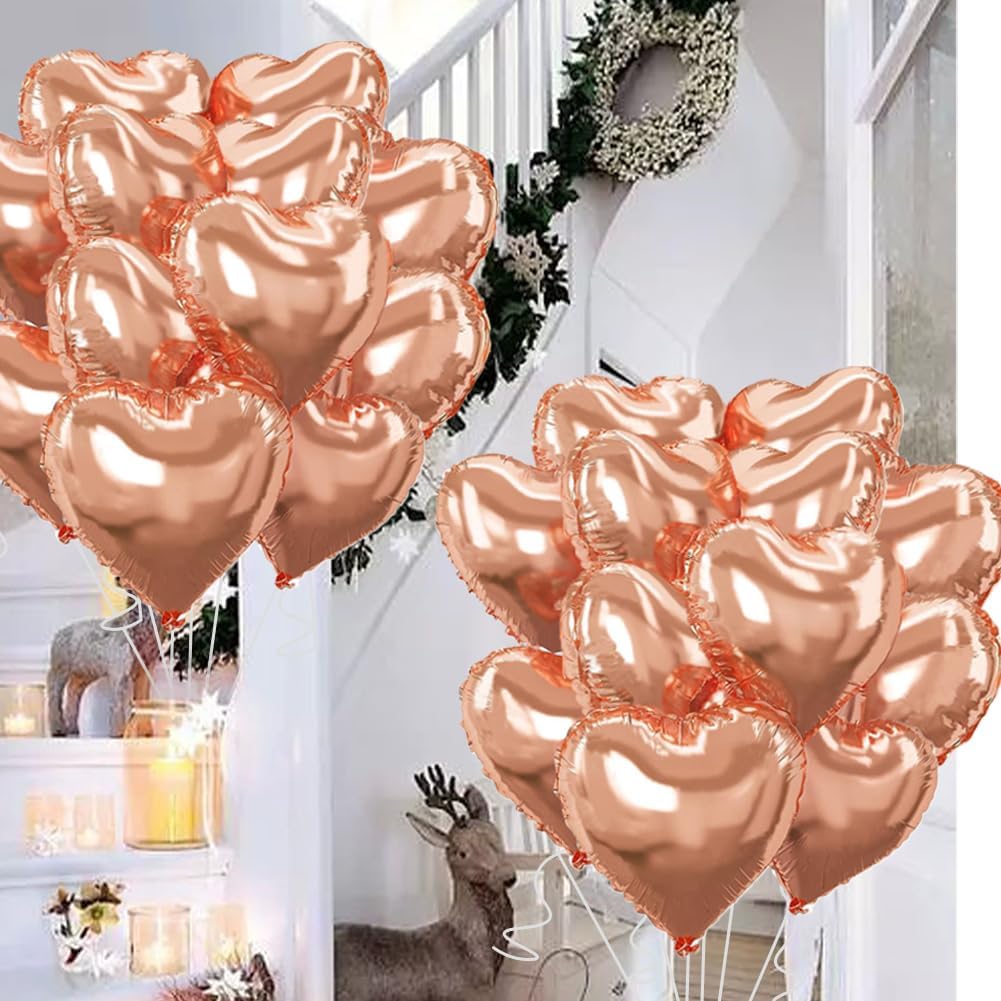 Rose Gold Heart Balloons，18 Inch Foil Mylar Love Heart Shaped Balloons for Anniversary Wedding