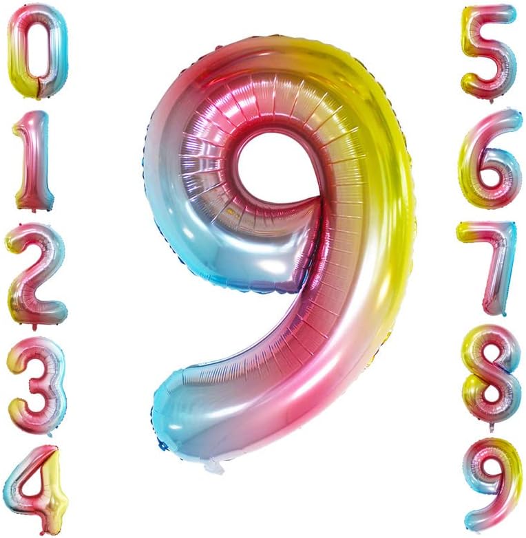 GOER Rainbow Foil Balloons Number 9,Huge Number Balloons for 9th Birthday Party Supplies