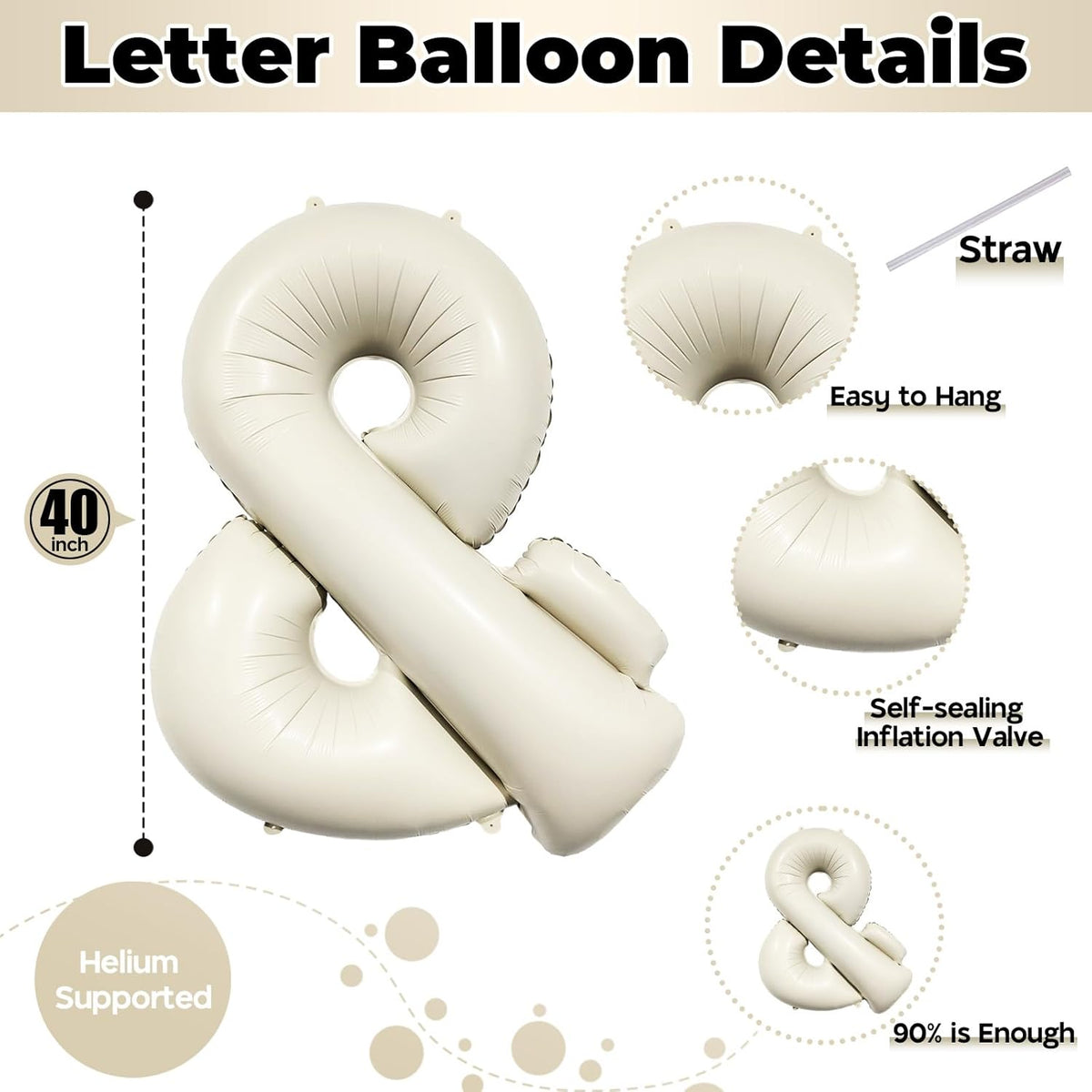 40 Inch Cream Giant Custom Alphabet & Foil Name Balloons - Ivory White, Mylar Self Inflating Beige