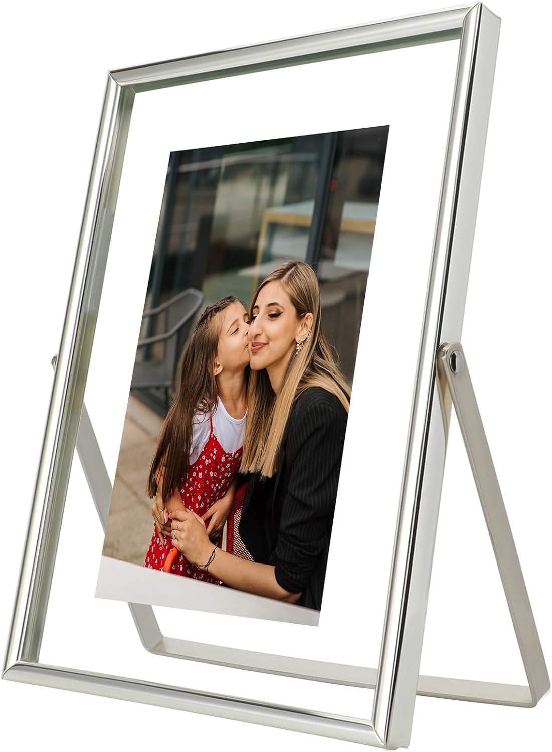 Silver Floating Frame (5"x7", Vertical), For Picture 4x6, 3.5x5, 2x3, Small Desktop Photo Frame