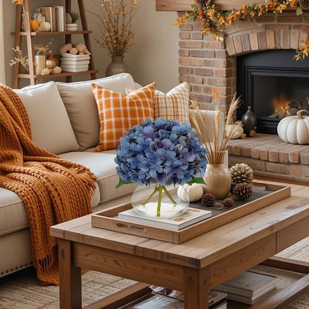 Hollyone Blue Hydrangea Fall Flowers Artificial for Decoration with Glass Vase Autumn Silk Faux