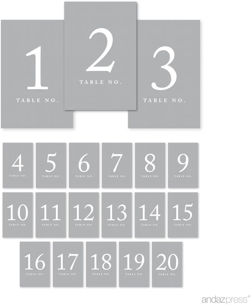 Andaz Press Gray Table Numbers 1-20, 4x6-Inches Table Number Cards For Reception, Restaurant