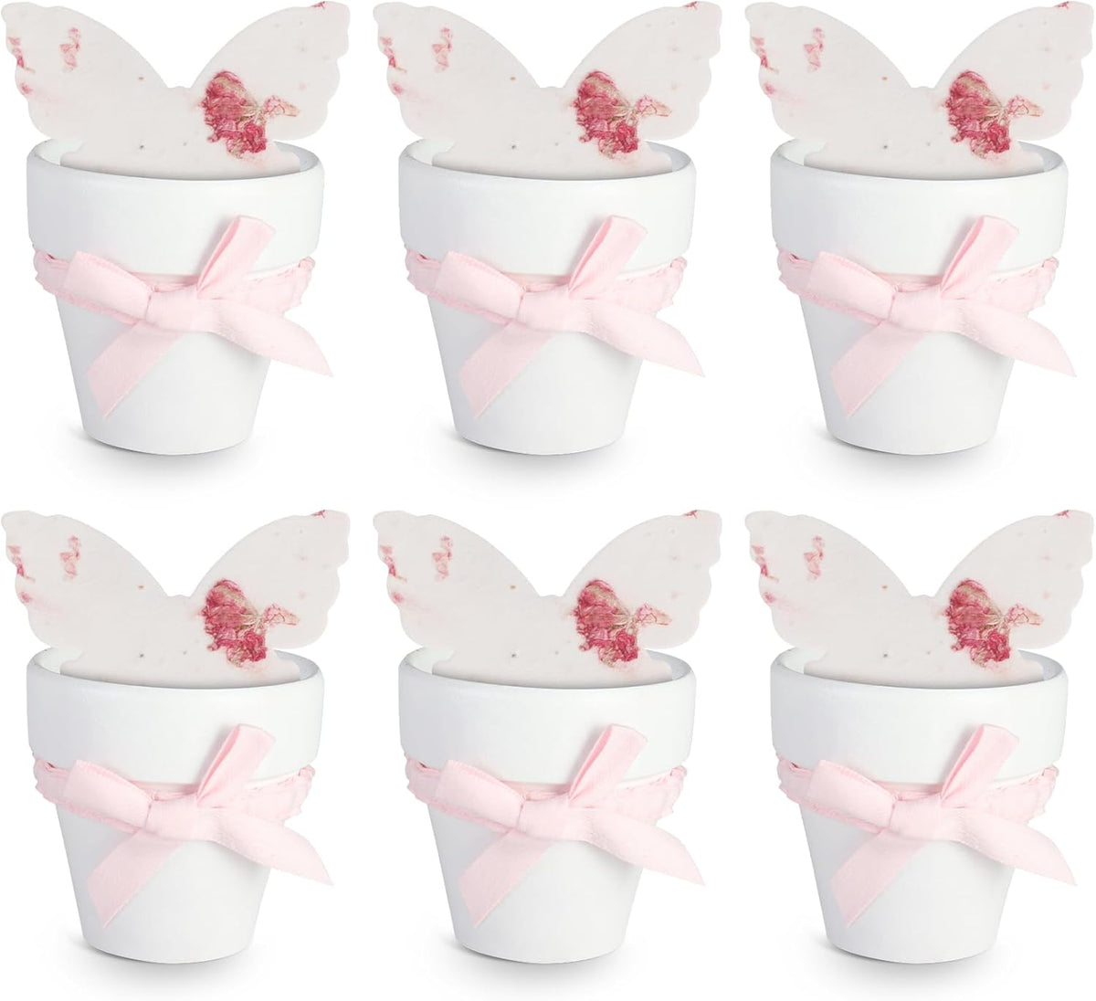Set of 6 Seed Paper – 6 Pink Butterflies & 6 White Pots with Bow for Baby Shower, Gender Reveal