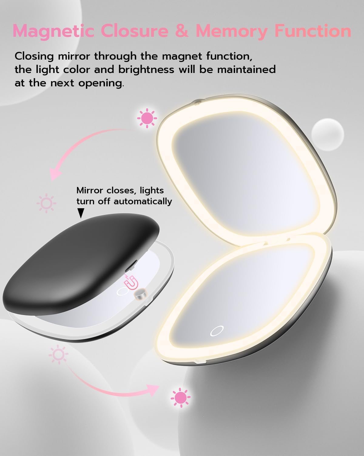 Benbilry 3.9" Rechargeable Compact Makeup Mirror with 3 Light Colors and Magnification 1X / 10X