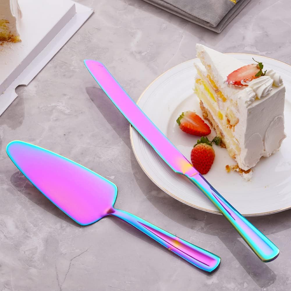 GoGeiLi Rainbow Cake Knife and Server Set, Colorful Stainless Steel Cake Cutting Set for Wedding