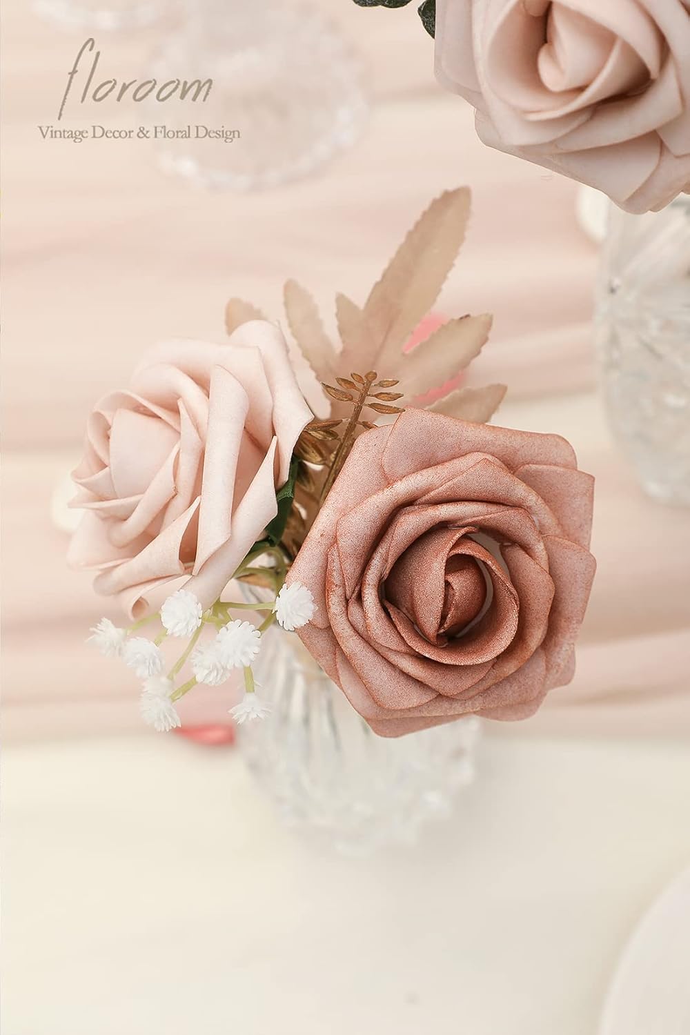Floroom Artificial Flowers 25pcs Real Looking Morandi Peach Ombre Colors Foam Fake Roses with Stems