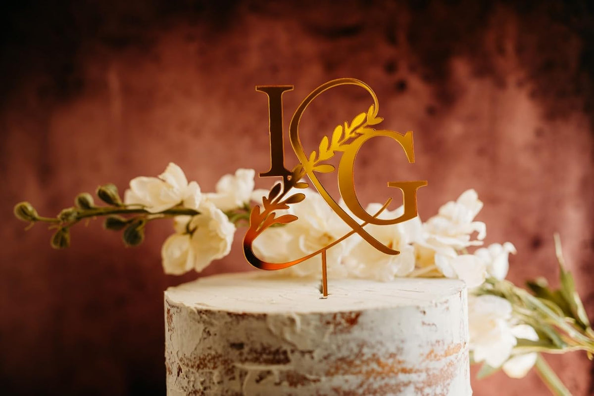 Custom Initials Wedding Personalized Acrylic and Wood Cake Topper, Modern Ampersand, Cake Topper