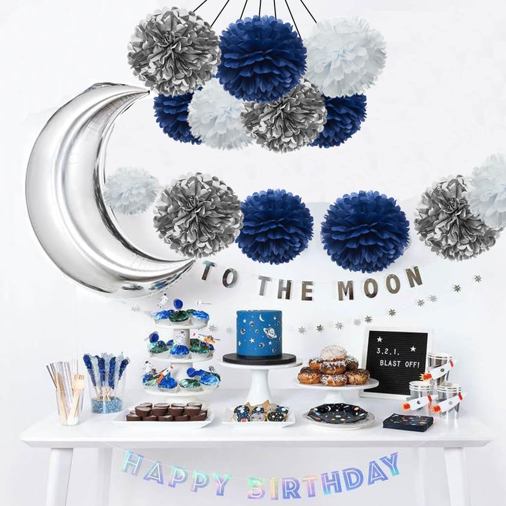 Royal Blue Silver and White Paper Flower Tissue Pom Poms for Birthday Graduation Baby Shower