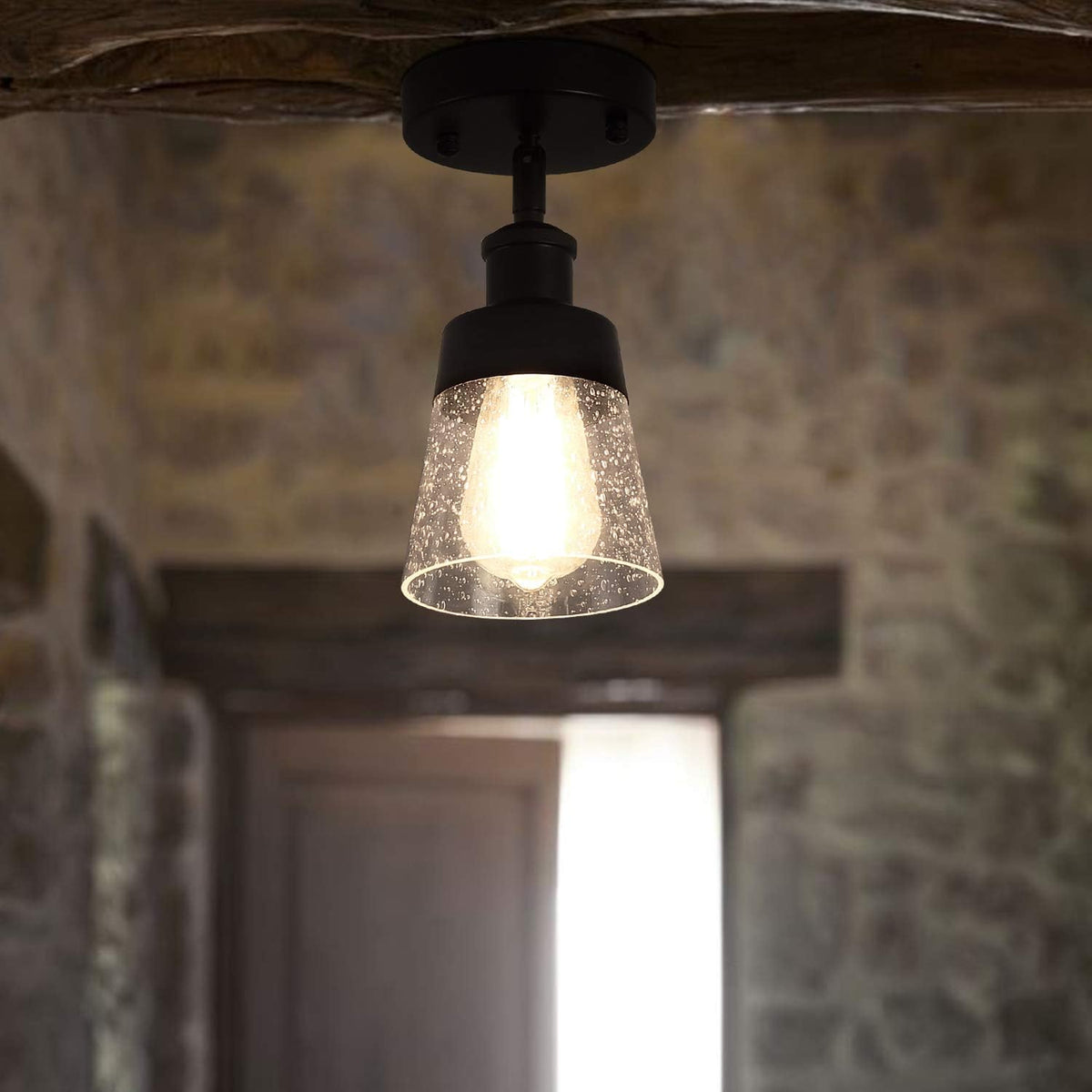 Fivess Lighting Industrial Glass Semi Flush Mount Ceiling Light, Black, 9.45x4.72x4.72 inches