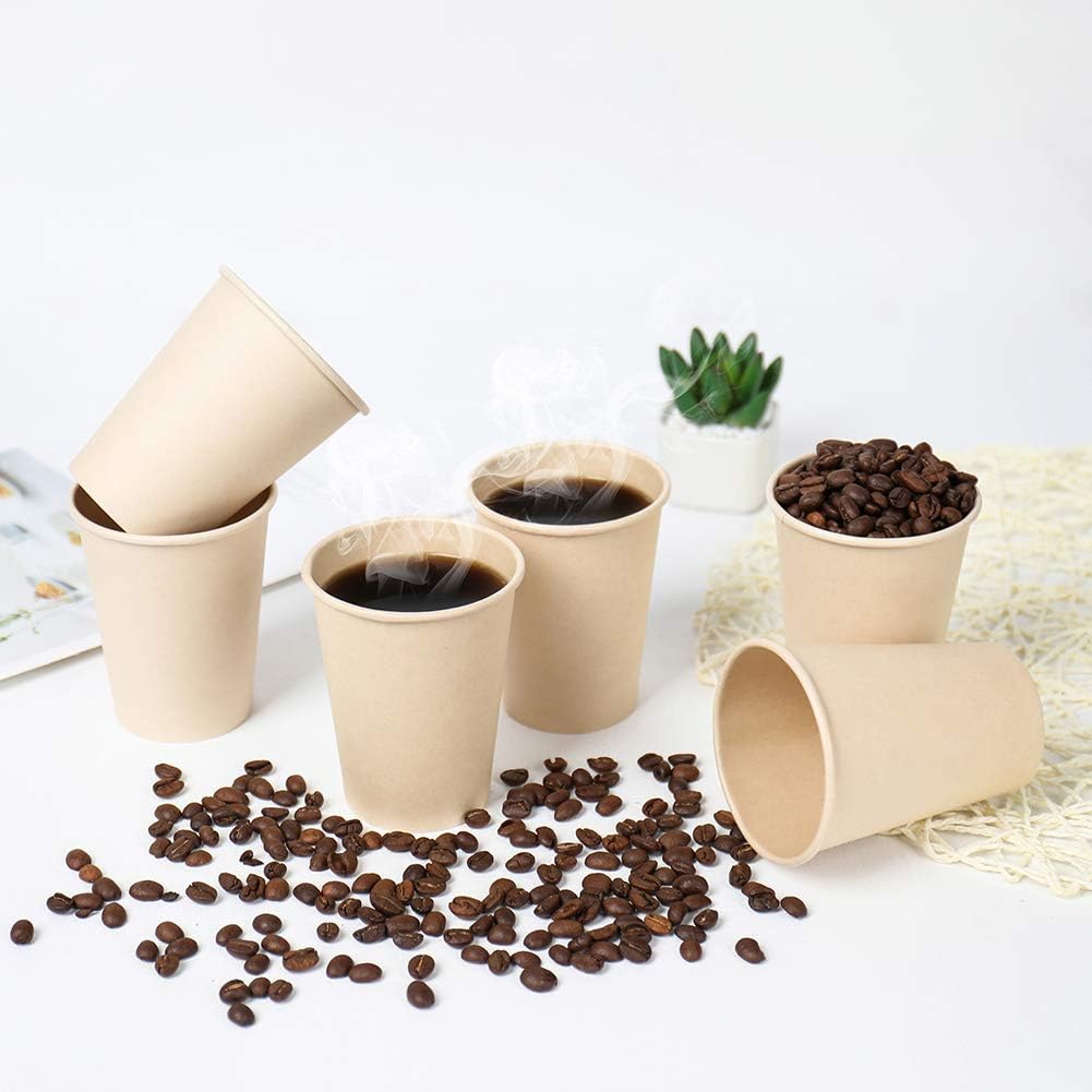 100 Count 12 oz Plant Fiber Disposable Light Brown Paper Coffee Cups, Perfect for Hot Drink, Hot